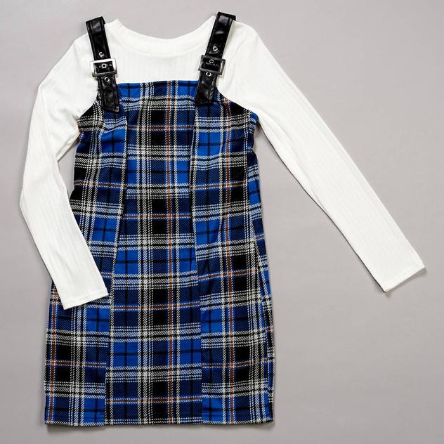 Girls (7-16) Jolie & Joy Plaid Jumper & Solid Tee- Sodalite Blue