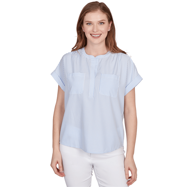 Womens Hearts of Palm Aqua Fresh Short Sleeve Stripe Blouse
