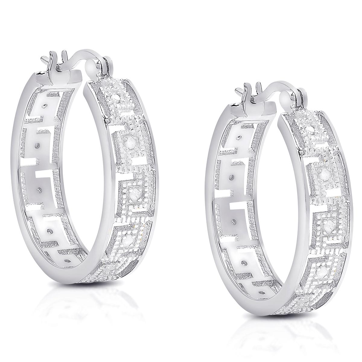 Accents by Gianni Argento Silver Diamond Greek Key Hoop Earrings