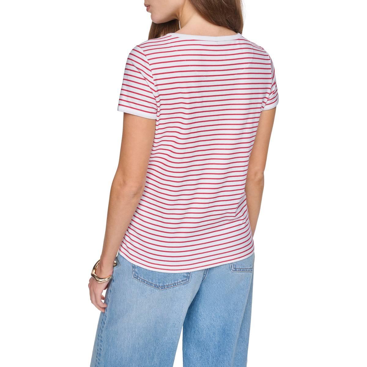 Womens Halston Short Sleeve Crew Neck Stripe Logo Tee