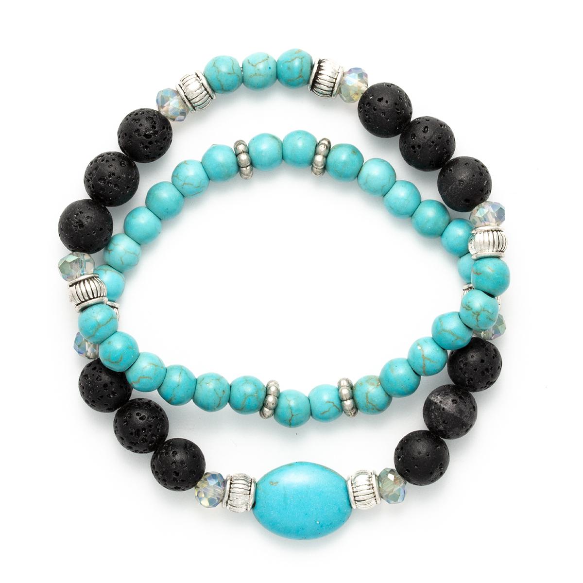 Turquoise & Black Lava Beaded 2pc. Stretch Bracelet Set