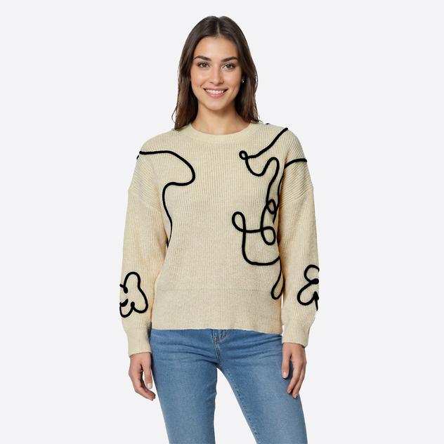Womens Nicole Miller Long Sleeve Crew Neck Squiggly Line Sweater