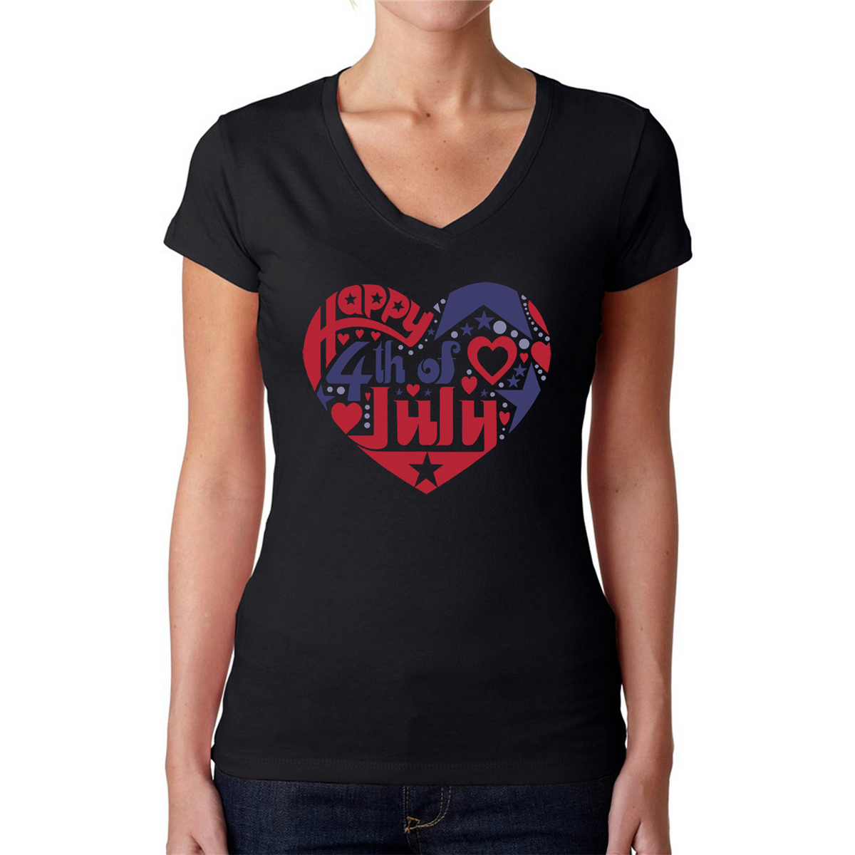 Womens LA Pop Art July 4th Heart Word Art V-Neck T-Shirt