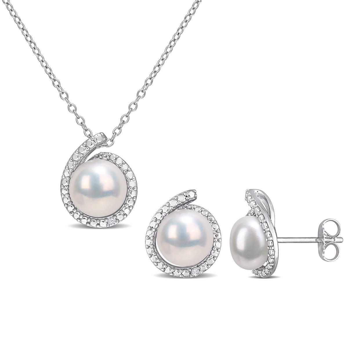 Gemstone Classics(tm) White Pearl & Diamond Earrings & Pendant Set