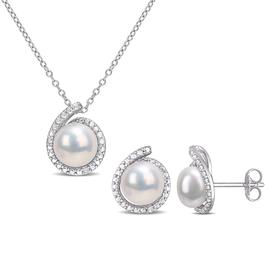 Gemstone Classics(tm) White Pearl & Diamond Earrings & Pendant Set