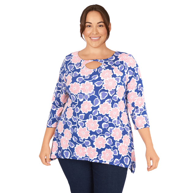 Plus Size Larky Lark 3/4 Sleeve Keyhole Neck Daisy Daze Blouse