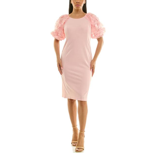 Womens Nina Leonard Short Lace Puff Sleeve Crepe Sheath Dress