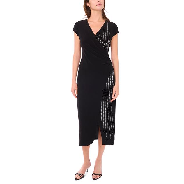 Womens MSK Short Sleeve Faux Wrap Beaded Trim Midi Dress