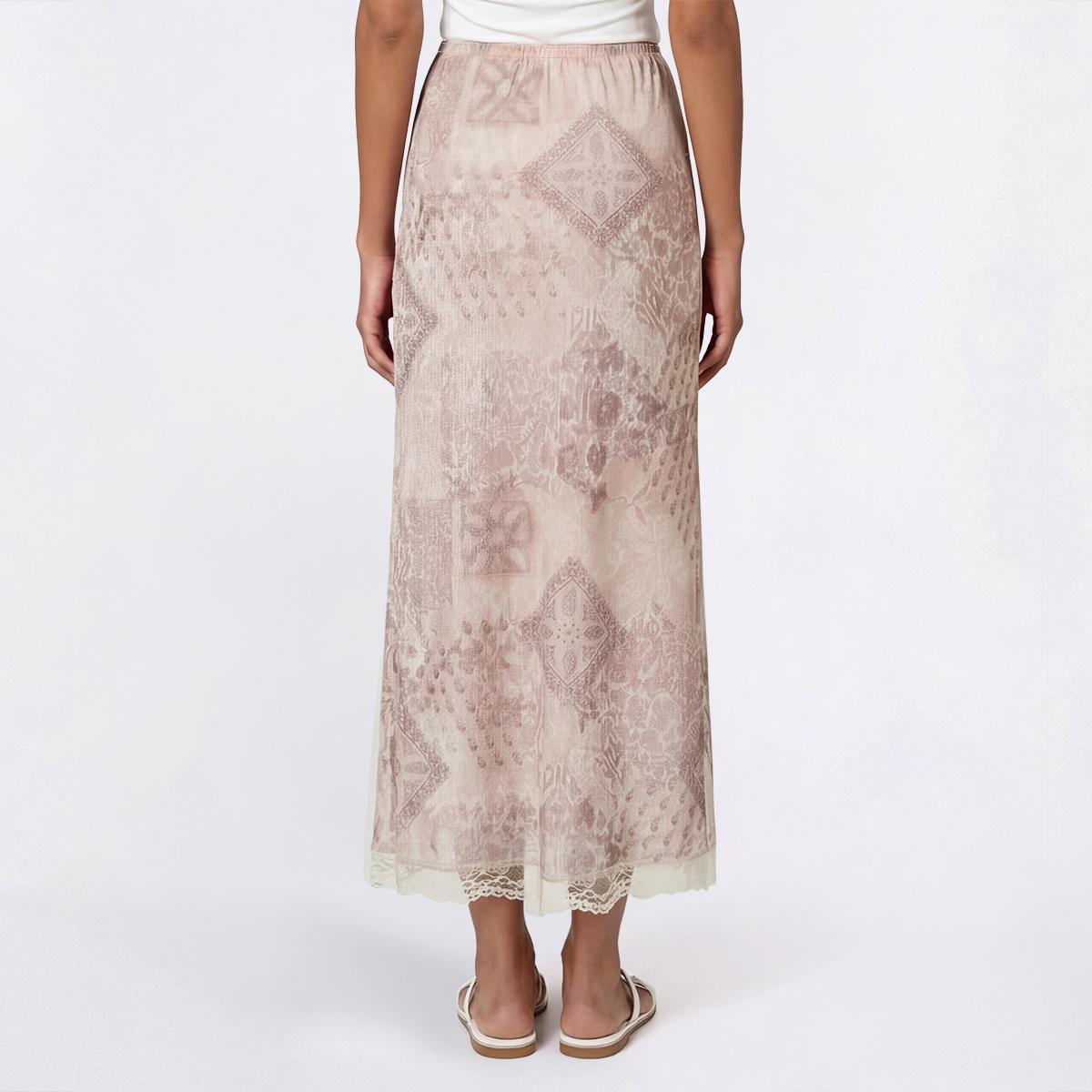 Juniors Pink Rose Print Mesh Rosette Midi Skirt- Sage