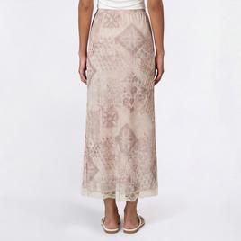 Juniors Pink Rose Print Mesh Rosette Midi Skirt- Sage