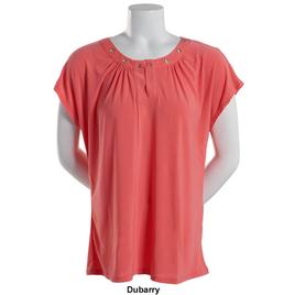 Womens Notations Short Sleeve Grommet Neck Solid Knit Shell Top