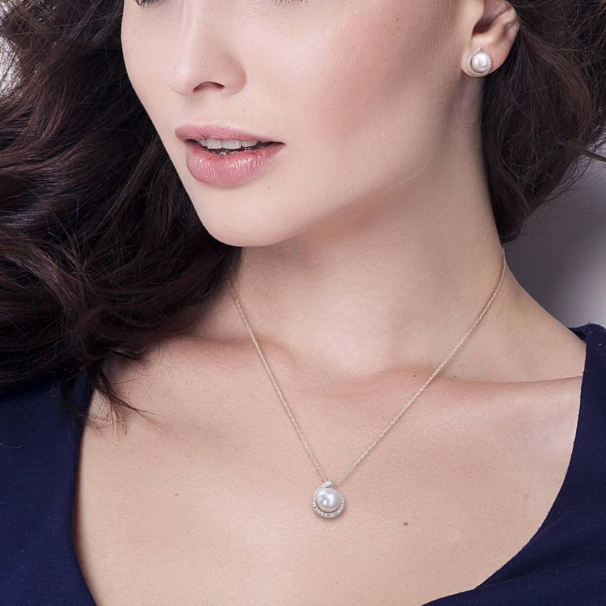 Gemstone Classics™ White Pearl & Diamond Earrings & Pendant Set