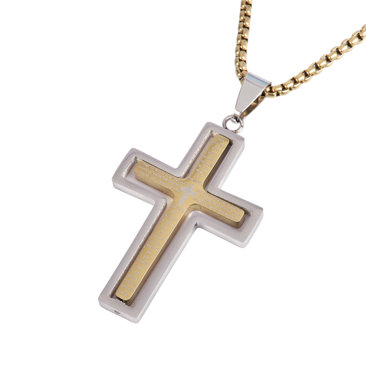 Mens Iron Saints Our Father Prayer Spinner Cross Chain Necklace