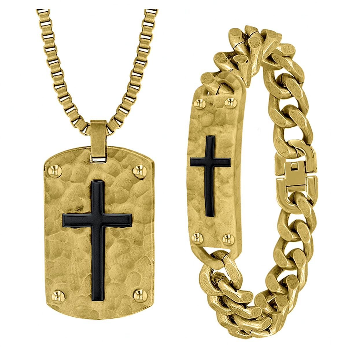 Mens Gentlemens Classics(tm) Gold-Tone Cross Necklace & Bracelet Set