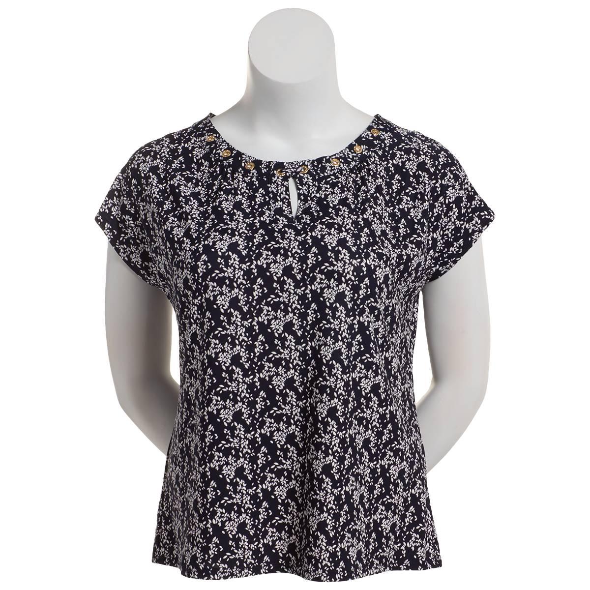 Womens Notations Short Sleeve Leaf Basic Shell Blouse