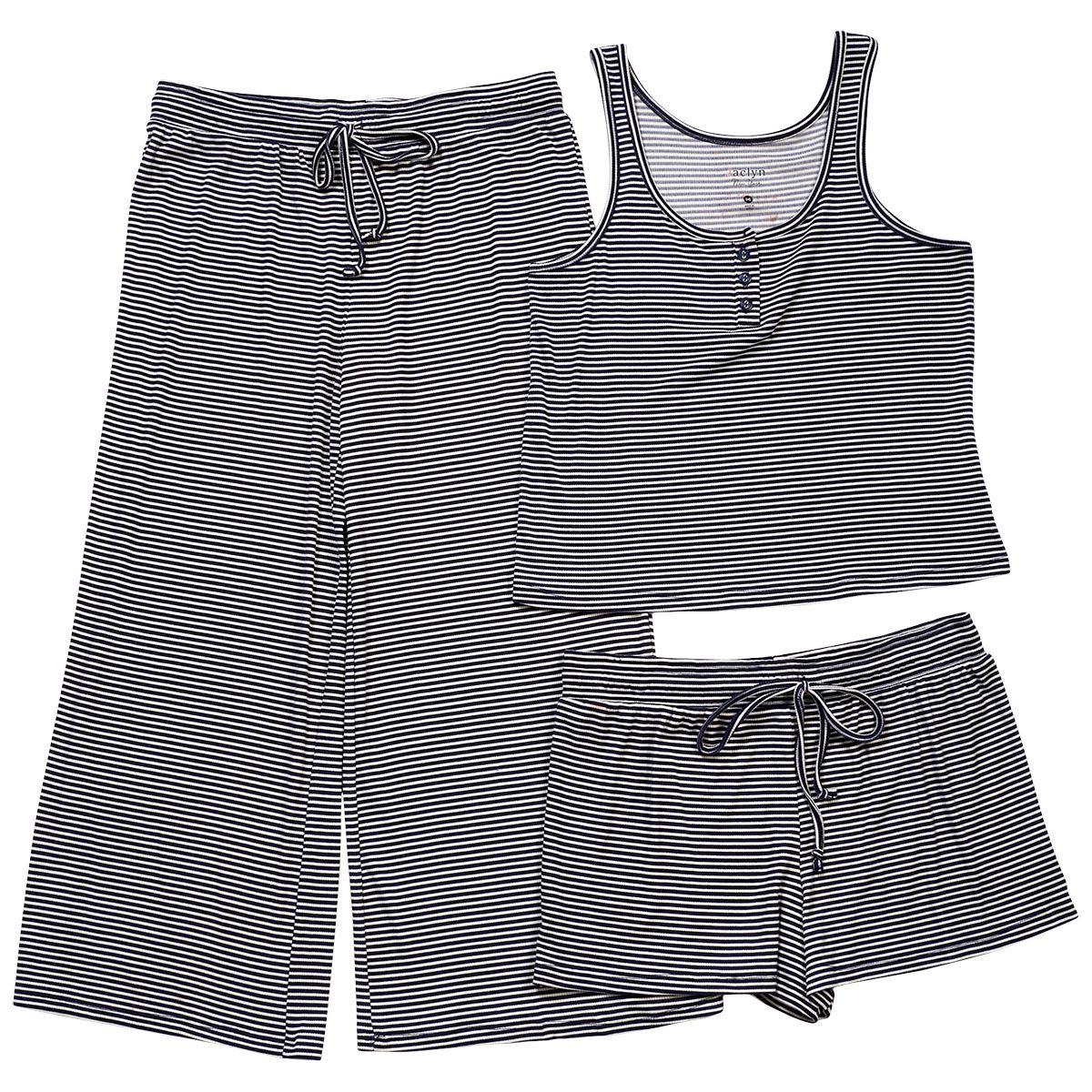 Womens Jaclyn Wonder Rib Stripe 3pc. Henley Tank Top Pajama Set