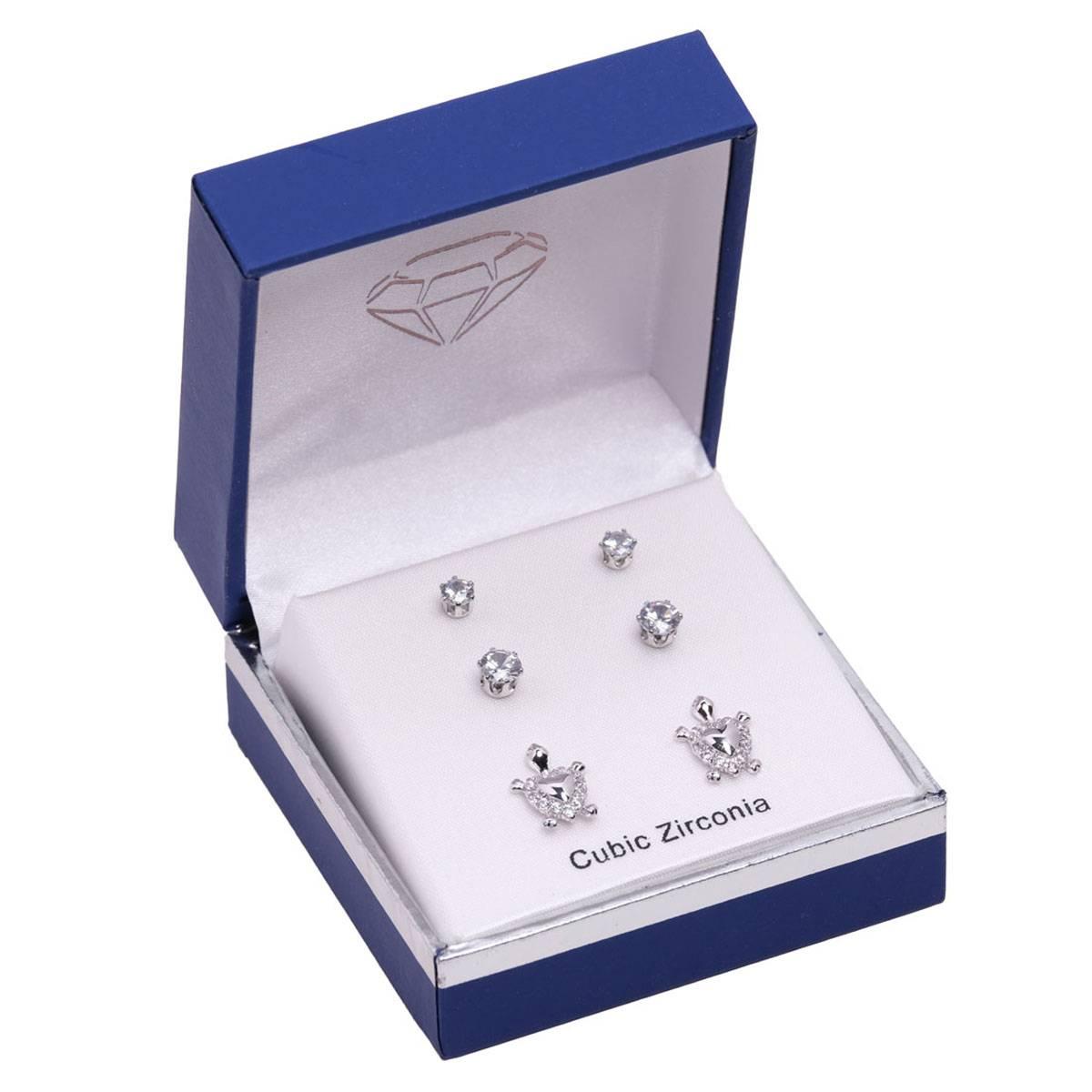 Silver-Tone CZ Turtle Earring Trio Set