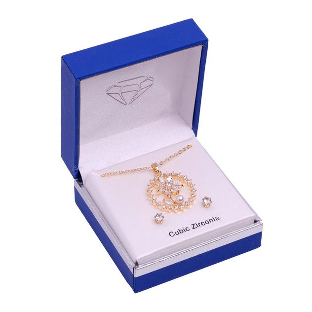 Gold-Tone CZ Flower Pendant Necklace & Round Earrings Set