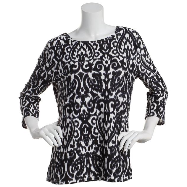 Womens Emily Daniels 3/4 Sleeve Scroll Embossed Scoop Neck Tee