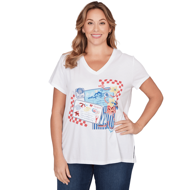 Plus Size Ruby Rd. Set Sail Short Sleeve Postcard Graphic Tee