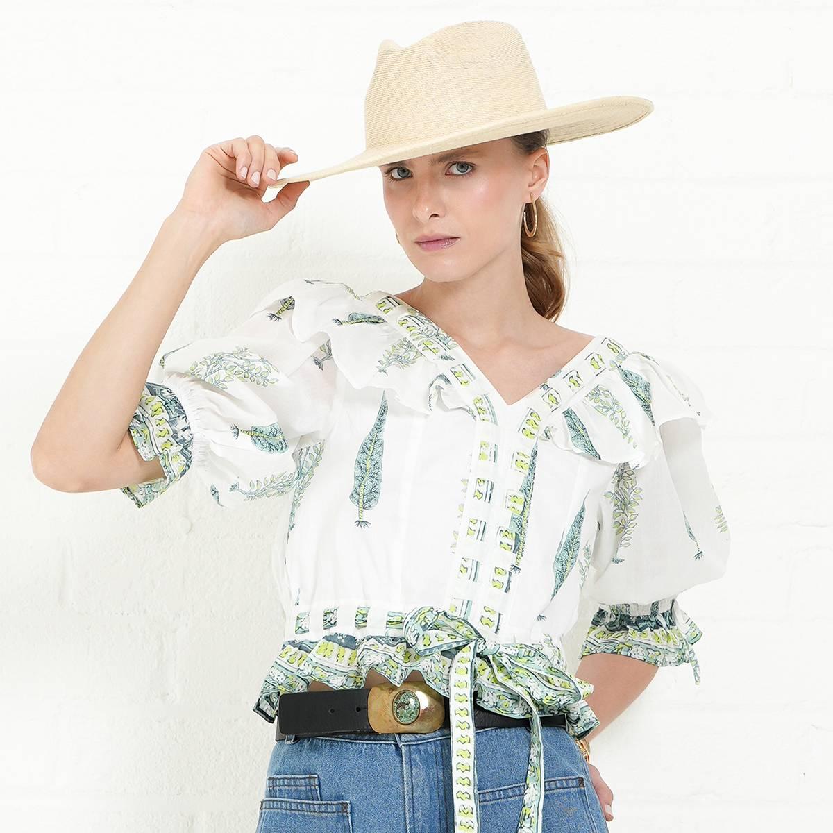 Womens MNK Elbow Sleeve V Neck Ruffle Blouse