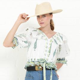 Womens MNK Elbow Sleeve V Neck Ruffle Blouse