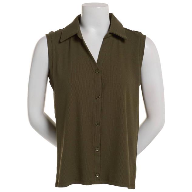 Petite Architect® Point Collar Solid Ribbed Button Front Tee