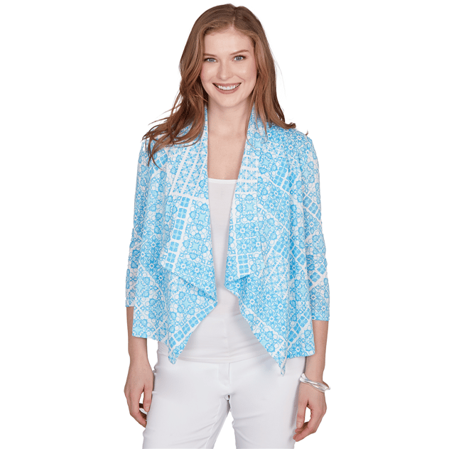 Plus Size Hearts of Palm Aqua Fresh 3/4 Sleeve Cascade Cardigan