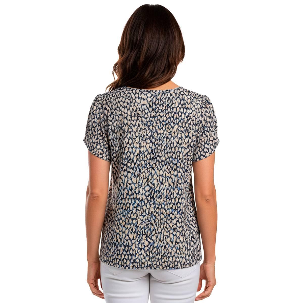 Womens AK Anne Klein Short Tulip Sleeve Abstract Leopard Blouse