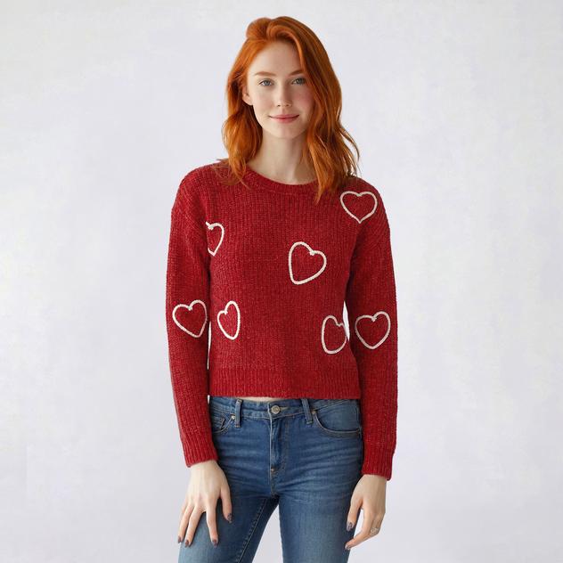 Juniors No Comment Chenille Embroidered Heart Pull Over Sweater