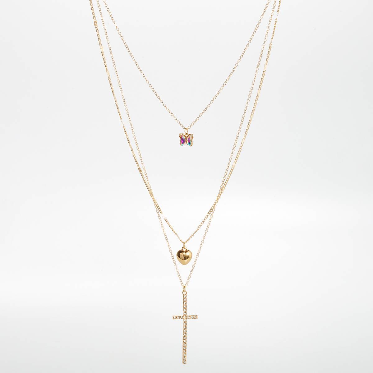 Ashley Layered Necklace w/ AB Crystal/Heart/Pave Cross Charms