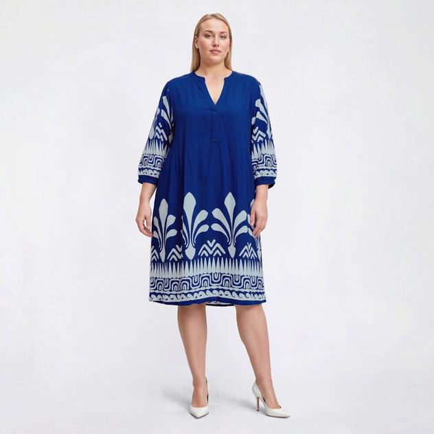 Plus Size Mlle Gabrielle 3/4 Sleeve Border Tribal Shift Dress