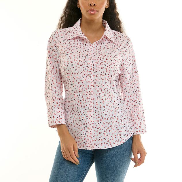 Womens Zac & Rachel 3/4 Sleeve All Over Heart Casual Button Down