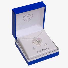 Silver-Tone CZ Heart Pendant & Earring Set