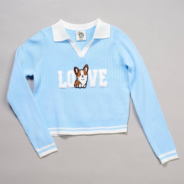 Girls (7-16) Jolie & Joy Corgi Love Ribbed Polo Sweater