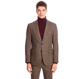 Mens Paisley & Gray Plaid Peak Suit Jacket - Teal/Brown