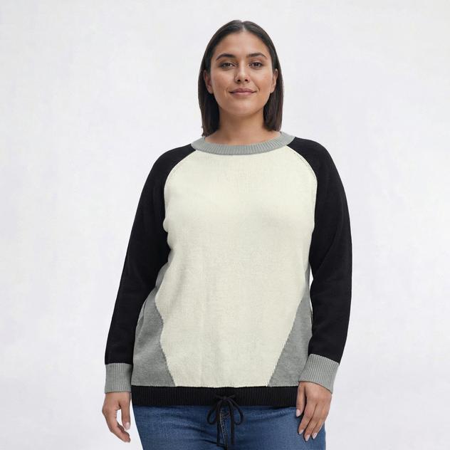 Plus Size Mountain Ridge Long Sleeve Color Block Tie Hem Sweater