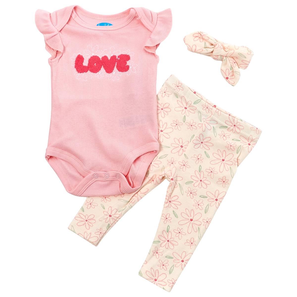 Baby Girl (NB-9M) bon bebe(R) Love Bodysuit Pants Set w/ Headband