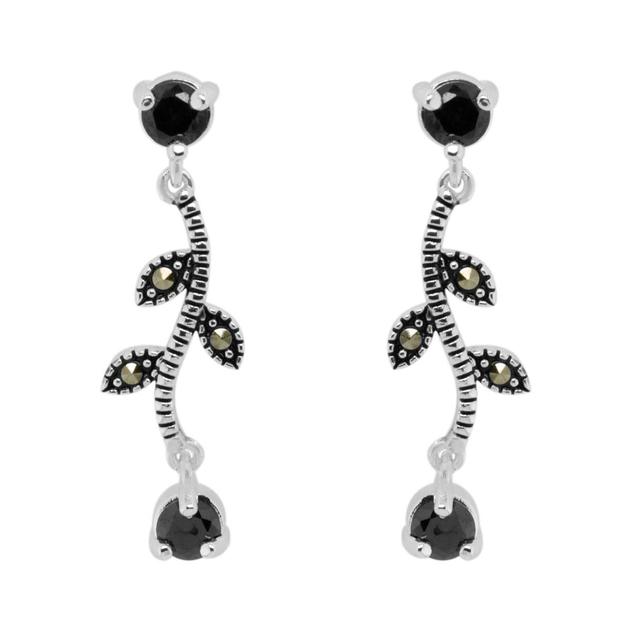 Marsala Marcasite & Black CZ Flower Drop Earrings