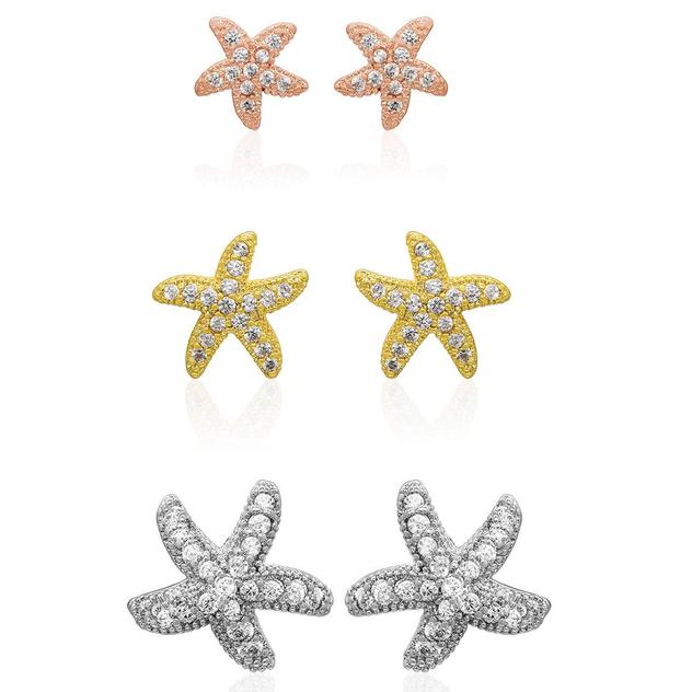 Triple Plated & CZ Graduated Starfish 3pr. Stud Earrings