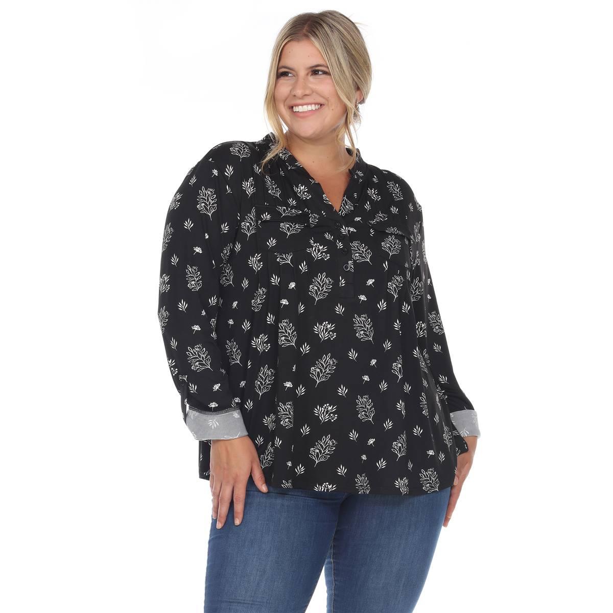 Plus Size White Mark Pleated Long Sleeve Leaf  Blouse