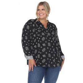 Plus Size White Mark Pleated Long Sleeve Leaf  Blouse