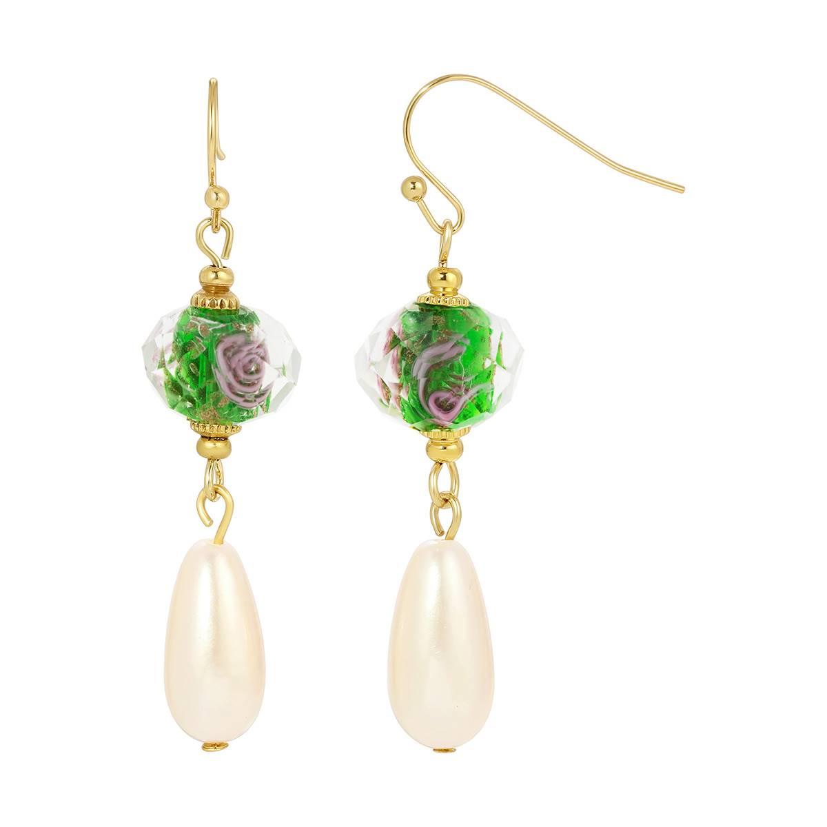 1928 Gold Tone Clear Crystal Olivine Flower & Pearl Drop Earrings
