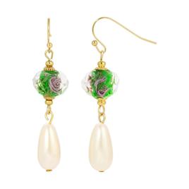 1928 Gold Tone Clear Crystal Olivine Flower & Pearl Drop Earrings