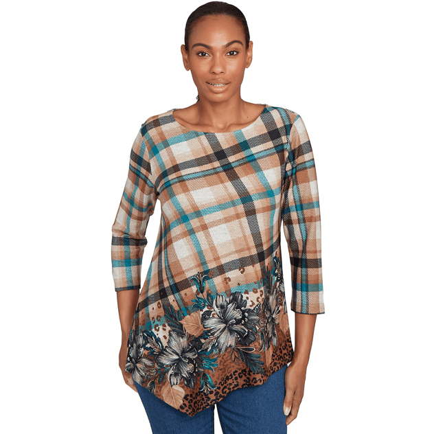 Petite Ruby Rd. Cozy Time Floral Plaid Asymmetrical Blouse