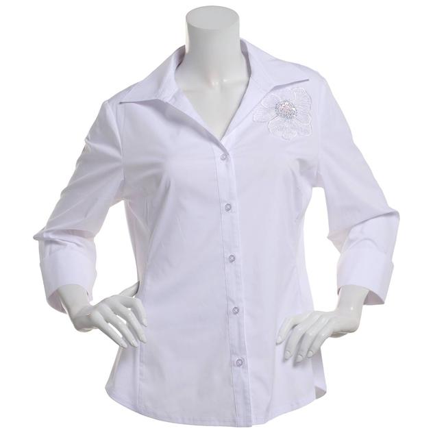 Womens Zac & Rachel 3/4 Sleeve Button Down Top w/Flower Shoulder