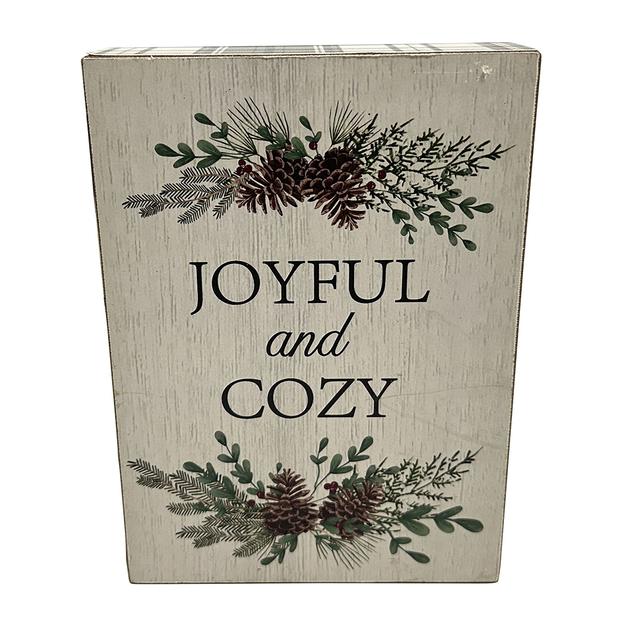 Joyful and Cozy Block Sign with Acorns & Greens