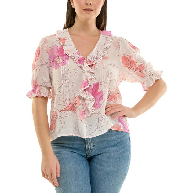 Womens Zac & Rachel Elbow Sleeve Ruffle Front Floral Blouse