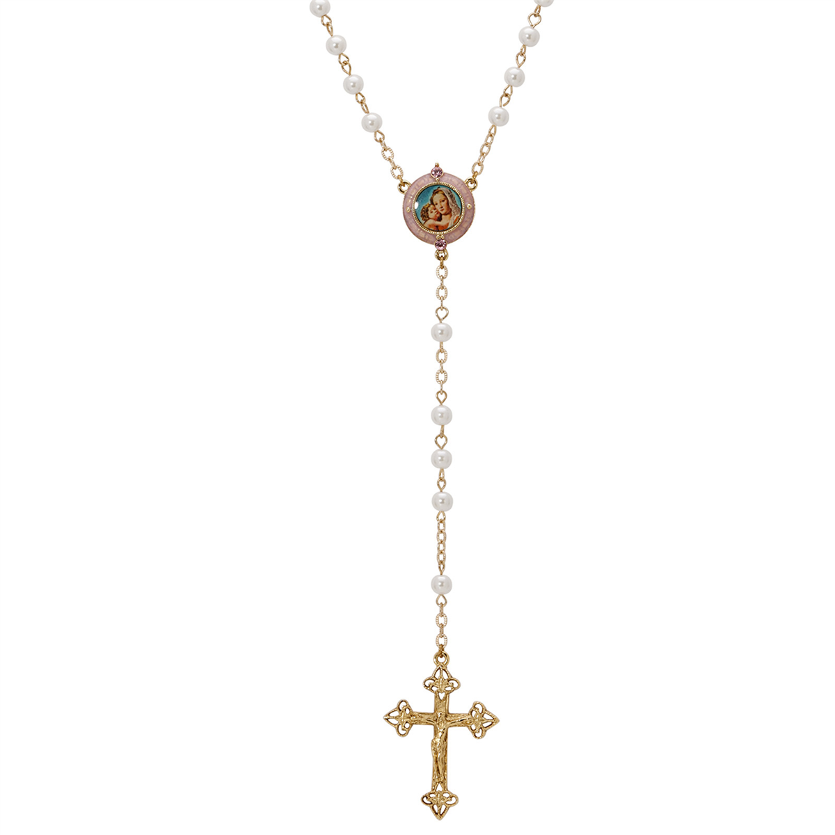 Symbols of Faith 14kt. Gold Dipped Mary & Child Faux Pearl Rosary