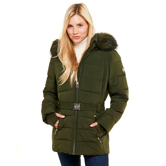 Womens Michael Kors Short Belted Puffer Jacket w/Faux Fur Hood